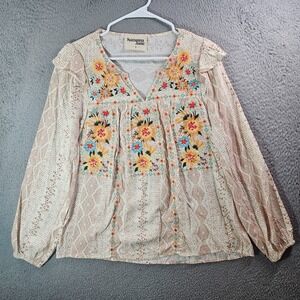 NEW Savanna Jane Embroidered Top Blouse Women Small Split Neck Long Sleeve NWOT
